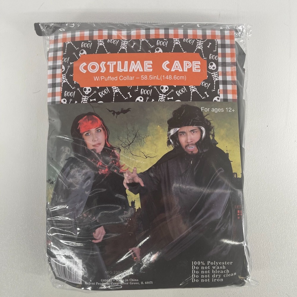 Halloween Theatrical Costume Cape Puffed Collar 58.5" Long Black Polyester NEW